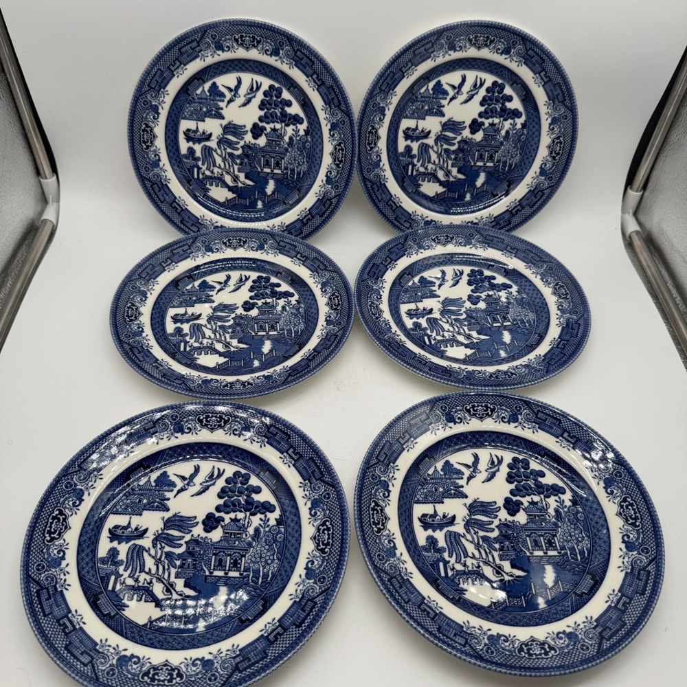 Set of 6 Vintage Churchill England Blue Willow Salad Plates 8" Dishwasher Safe